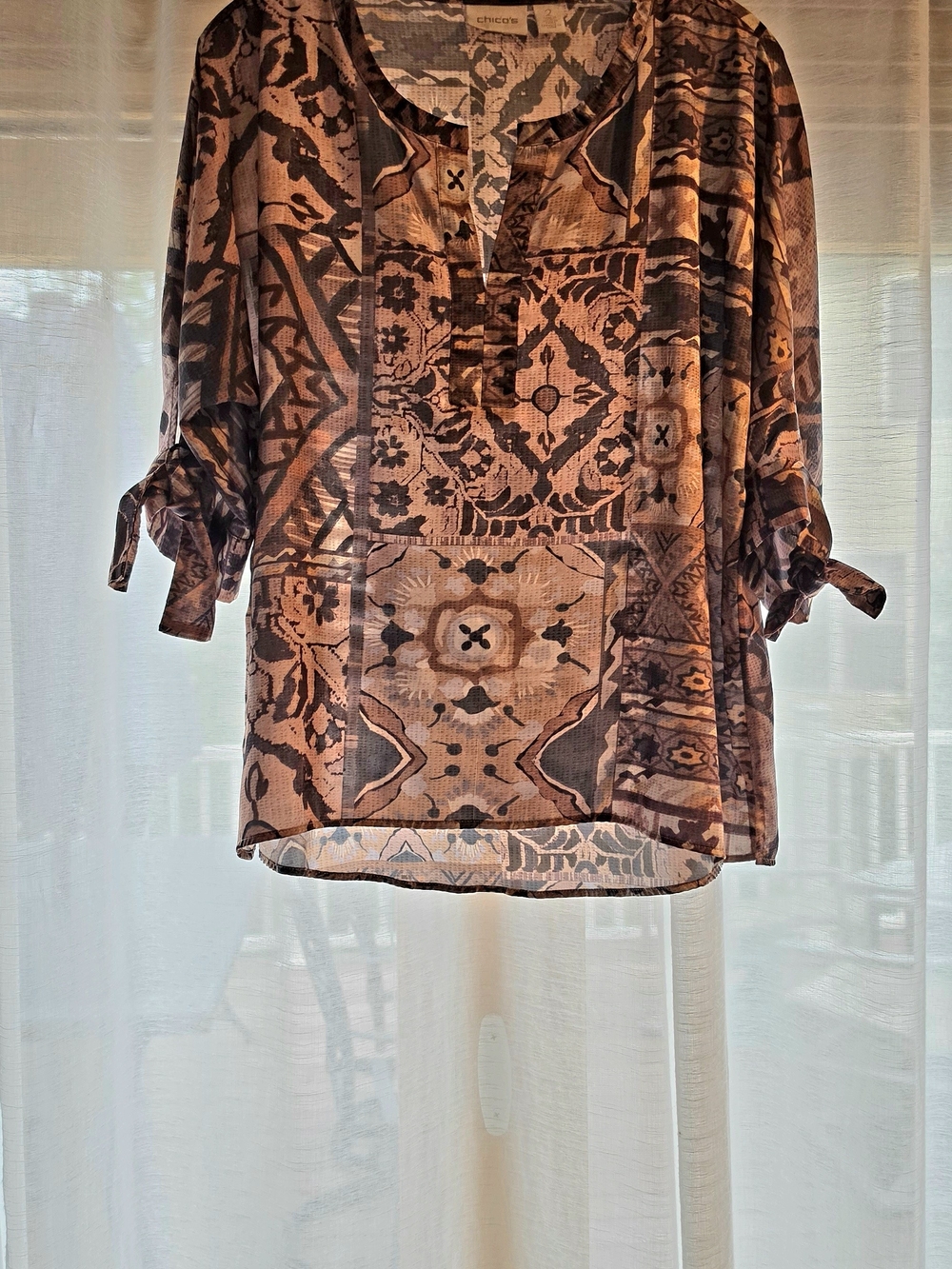 Chico's Brown & Cream Geometric Split-Neck Tunic